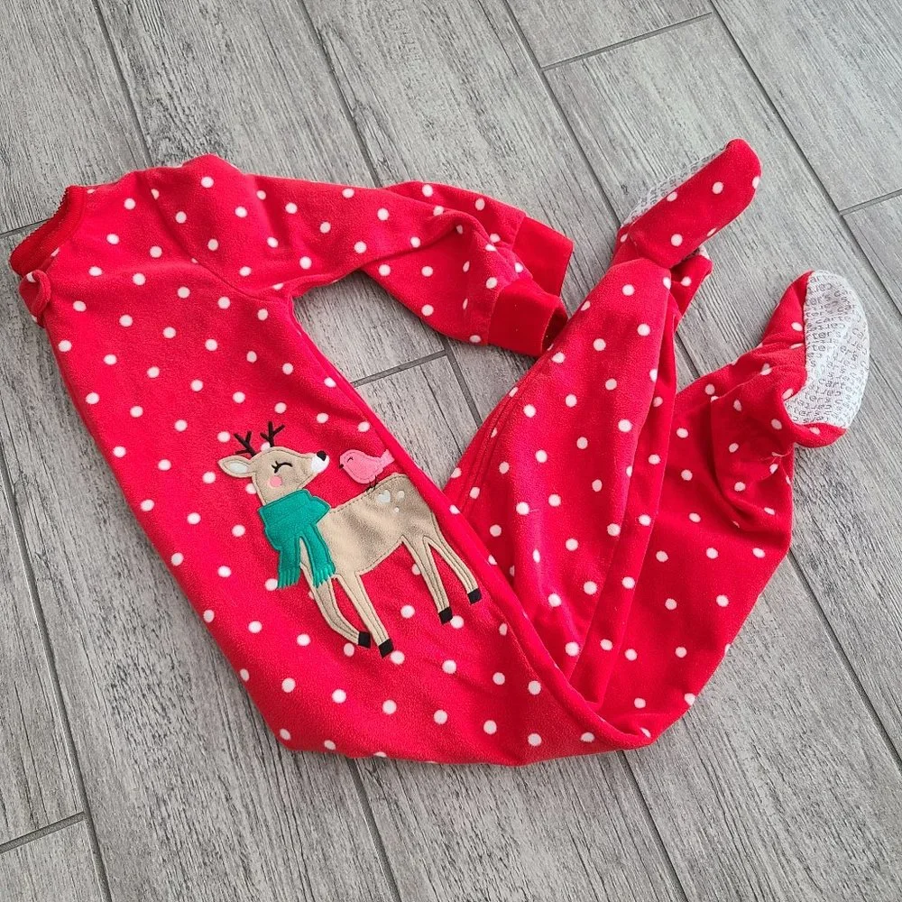 Carter's toddler girl long footed warm Christmas pajamas red reindeer size 3T